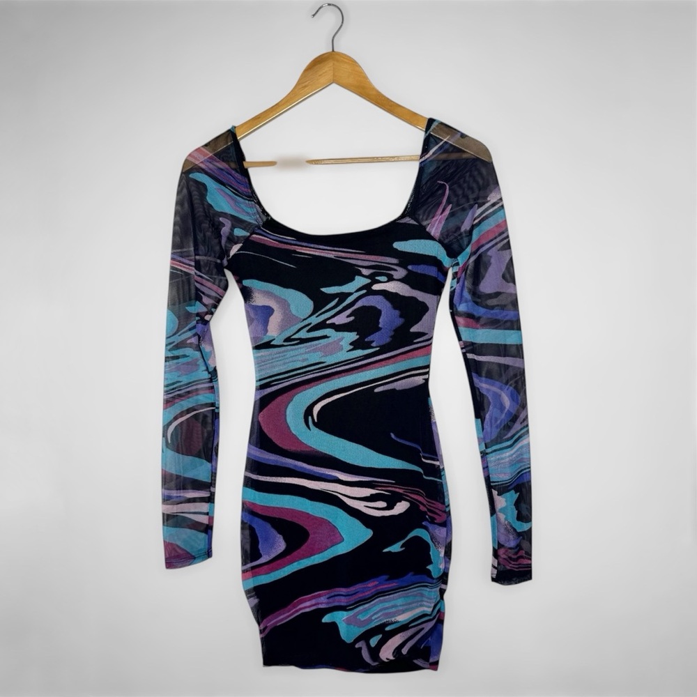 Windsor Long Sleeve Bodycon Dress in Black with Teal, Purple & Pink Swirl Print